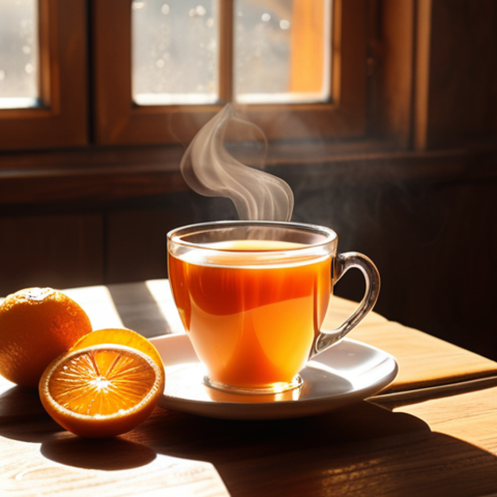A cozy scene with a steaming cup of orange and black tea on a wooden table, sunlight streaming through a window, illuminating orange slices and a book in the background. Focus on the warmth and relaxation.