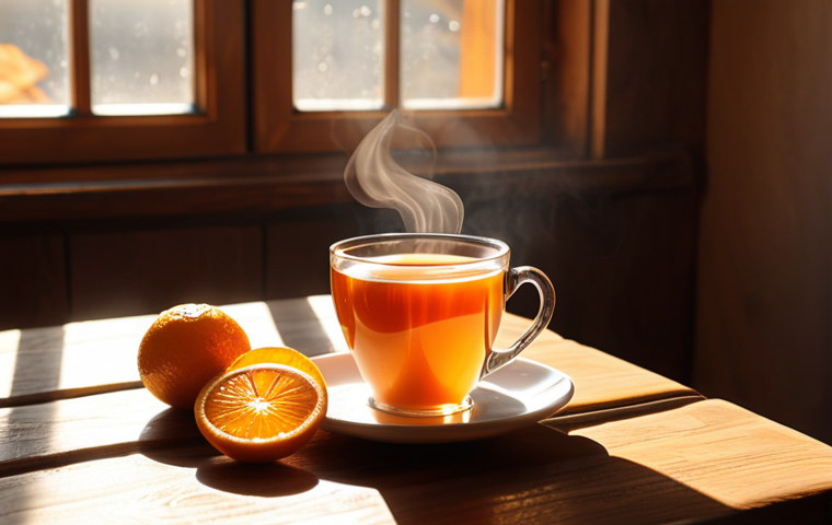 A cozy scene with a steaming cup of orange and black tea on a wooden table, sunlight streaming through a window, illuminating orange slices and a book in the background. Focus on the warmth and relaxation.