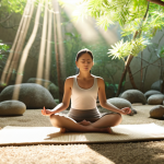 **

Prompt: Meditating woman in a peaceful setting, possibly a zen garden, sunlight filtering through trees, focus on mindfulness and calm, soft color palette.

**
