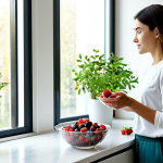 A serene young woman, fully clothed in a modest, long-sleeved shirt and comfortable trousers, is gently holding a vibrant bowl of mixed berries and oats with a glass of milk nearby. She is looking towards a sunlit window in a bright, modern kitchen, where soft morning light illuminates the healthy breakfast spread. A lush green plant is visible on the windowsill. This image is safe for work, appropriate content, and portrays a family-friendly scene with perfect anatomy, correct proportions, natural pose, well-formed hands, proper finger count, and natural body proportions, captured with professional photography and high quality.