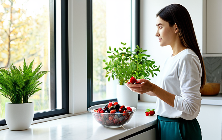 A serene young woman, fully clothed in a modest, long-sleeved shirt and comfortable trousers, is gently holding a vibrant bowl of mixed berries and oats with a glass of milk nearby. She is looking towards a sunlit window in a bright, modern kitchen, where soft morning light illuminates the healthy breakfast spread. A lush green plant is visible on the windowsill. This image is safe for work, appropriate content, and portrays a family-friendly scene with perfect anatomy, correct proportions, natural pose, well-formed hands, proper finger count, and natural body proportions, captured with professional photography and high quality.