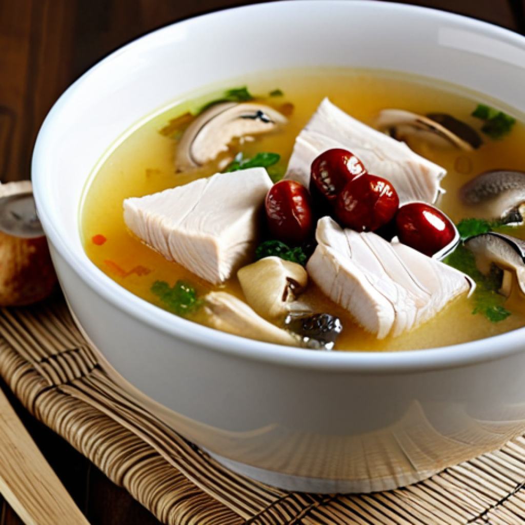 세로토닌을 높이는 수프 레시피 - Chicken Soup Comfort**
Prompt: A steaming bowl of chicken soup with visible pieces of chicken, mush...