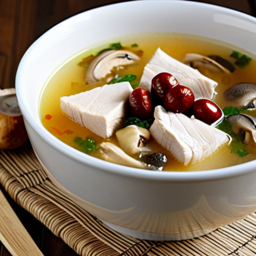 세로토닌을 높이는 수프 레시피 - Chicken Soup Comfort**

Prompt: A steaming bowl of chicken soup with visible pieces of chicken, mush...