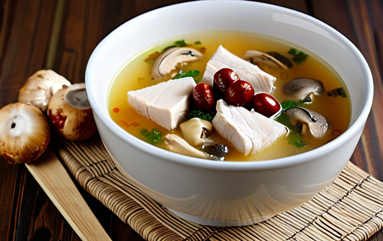 세로토닌을 높이는 수프 레시피 - Chicken Soup Comfort**

Prompt: A steaming bowl of chicken soup with visible pieces of chicken, mush...