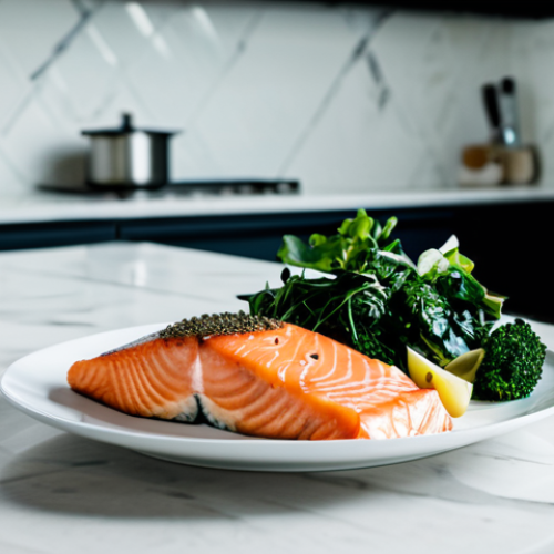 세로토닌과 집중력 향상 - Balanced Meal**

"A vibrant, colorful plate of food featuring salmon, leafy green vegetables, nuts, ...