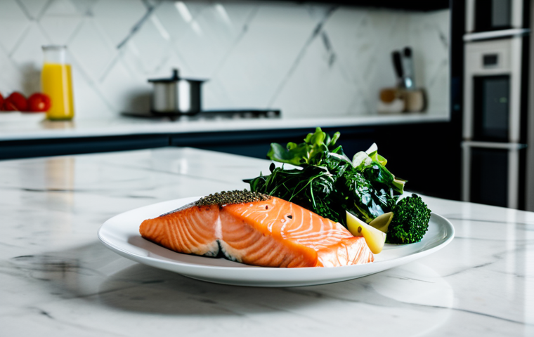 세로토닌과 집중력 향상 - Balanced Meal**

"A vibrant, colorful plate of food featuring salmon, leafy green vegetables, nuts, ...