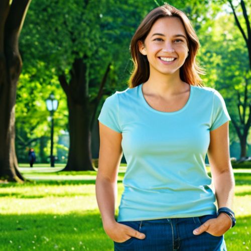 세로토닌의 자연적인 증가 방법 - **Prompt:** "A woman is enjoying a sunny day in a park, fully clothed in casual wear, surrounded by ...