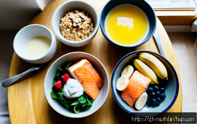 세로토닌 부스팅 식단의 과학적 근거 - Photorealistic overhead view of a balanced serotonin-supportive meal on a light wooden table: grille...