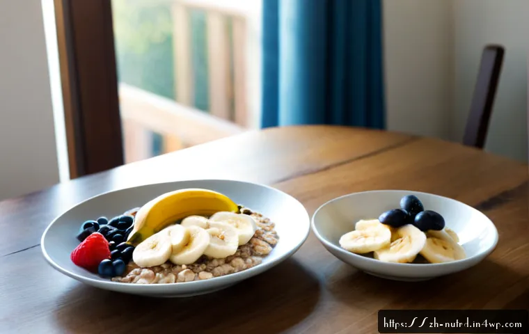 세로토닌 부스팅 다이어트 효과 - Photorealistic healthy breakfast scene illustrating a serotonin-supporting diet: oatmeal topped with...