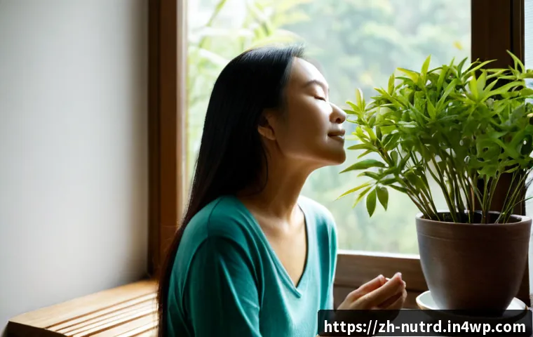 세로토닌의 역할과 중요성 - Photorealistic morning wellness scene, a calm middle-aged Asian woman sitting by a sunlit window wit...